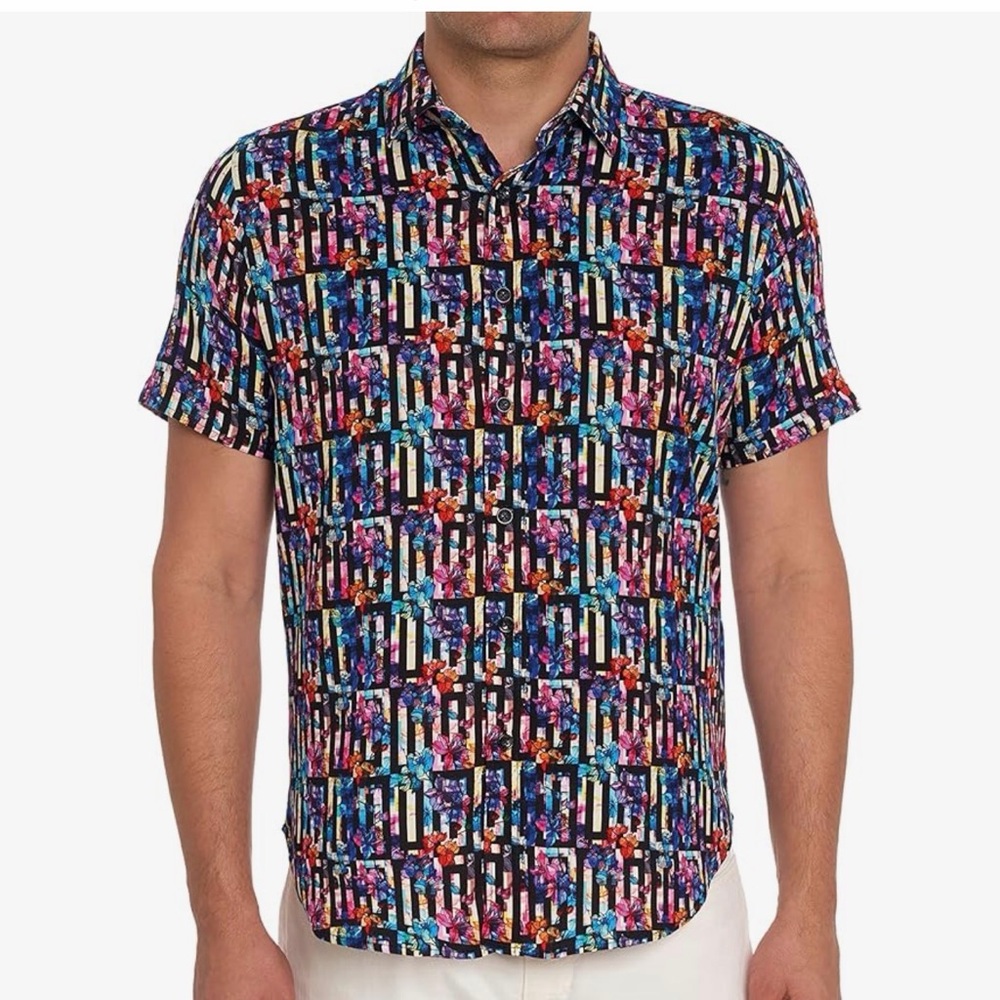 Robert Graham Men's Crewcut Crinkle Short-Sleeve Shirt Digital Glitch Large